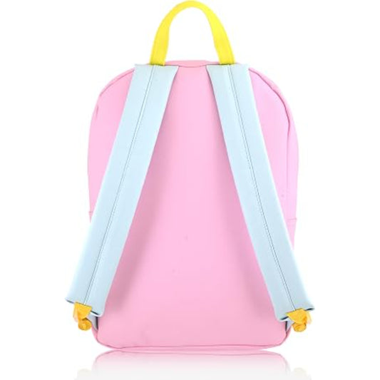 Mochila rosa con tirantes azules, ideal para el uso diario y estilo juvenil