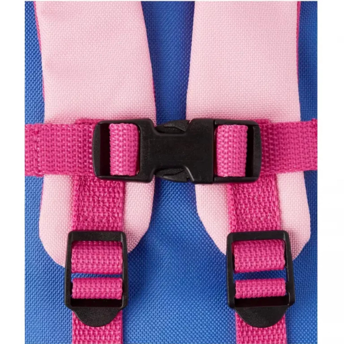 Mochila infantil azul y rosa con correas ajustables y hebillas visibles