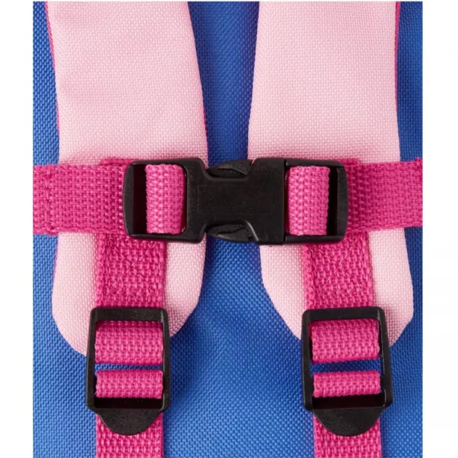 Mochila infantil azul y rosa con correas ajustables y hebillas visibles