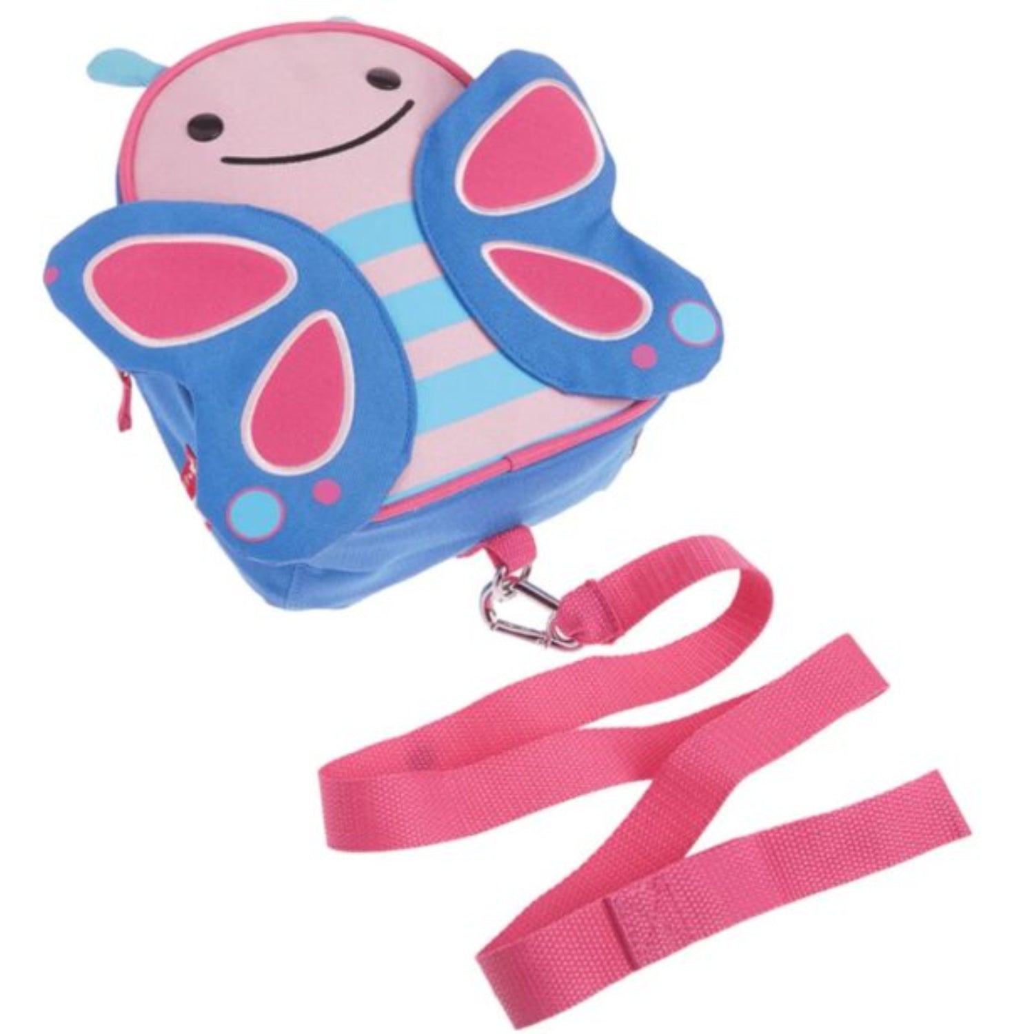 mochila infantil mariposa azul, vista frontal con tirantes rosa
