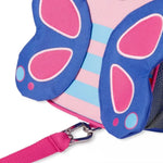 mochila infantil azul con detalles en rosa, vista lateral, adecuada para el uso diario