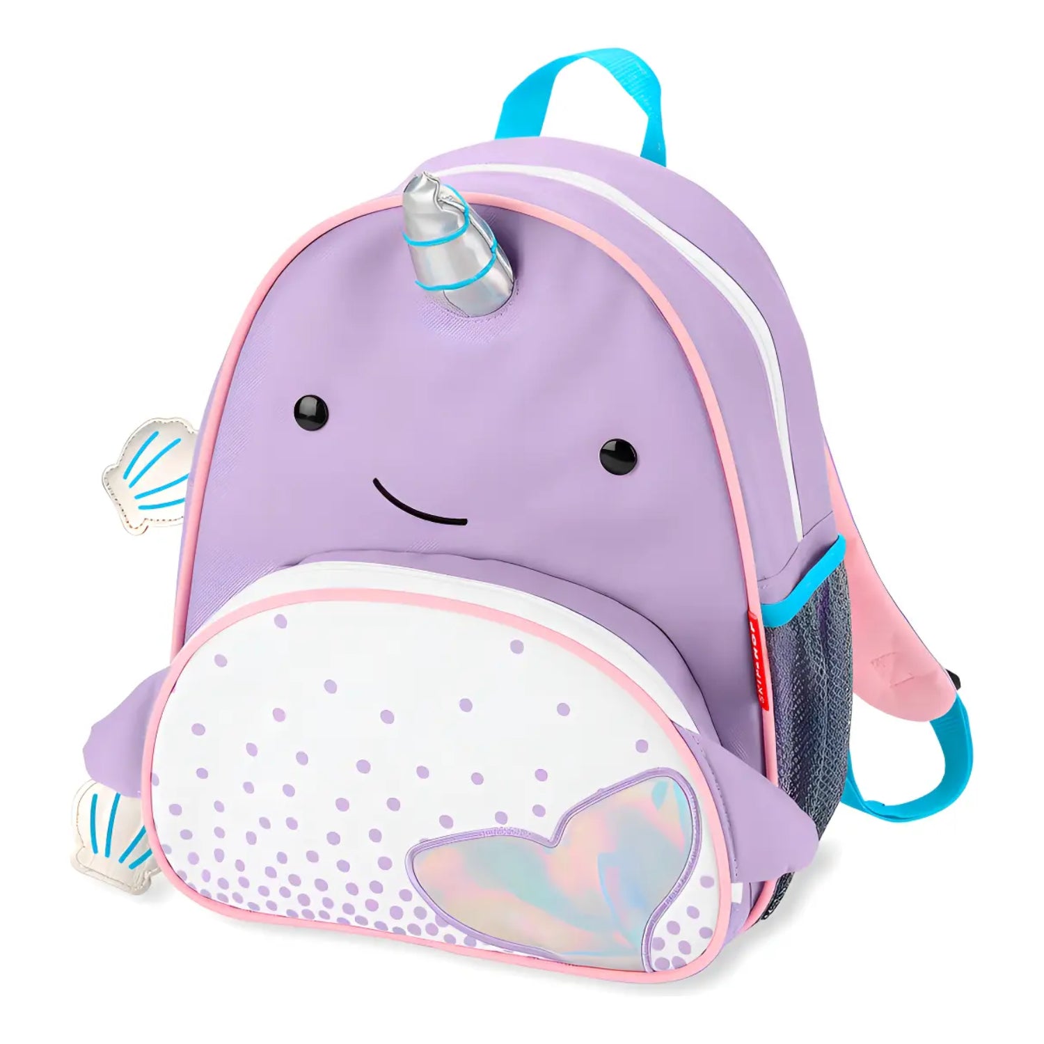 mochila infantil narval morado vista frontal, ideal para niños en la escuela