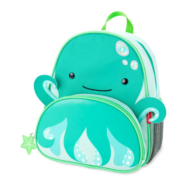 mochila infantil verde con diseño de pulpo, vista frontal y divertida