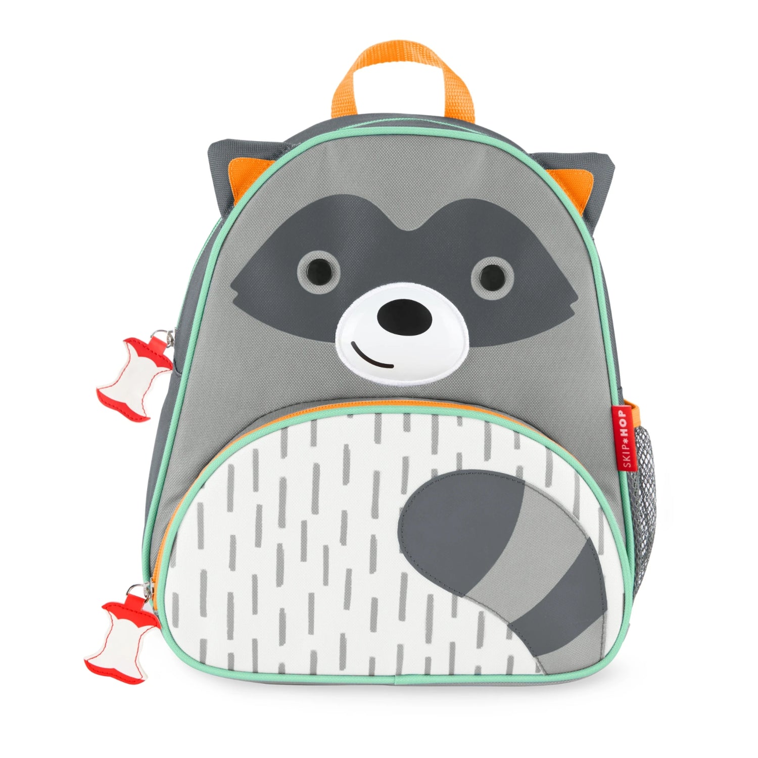 mochila infantil gris modelo mapache, vista frontal, divertida y práctica para niños