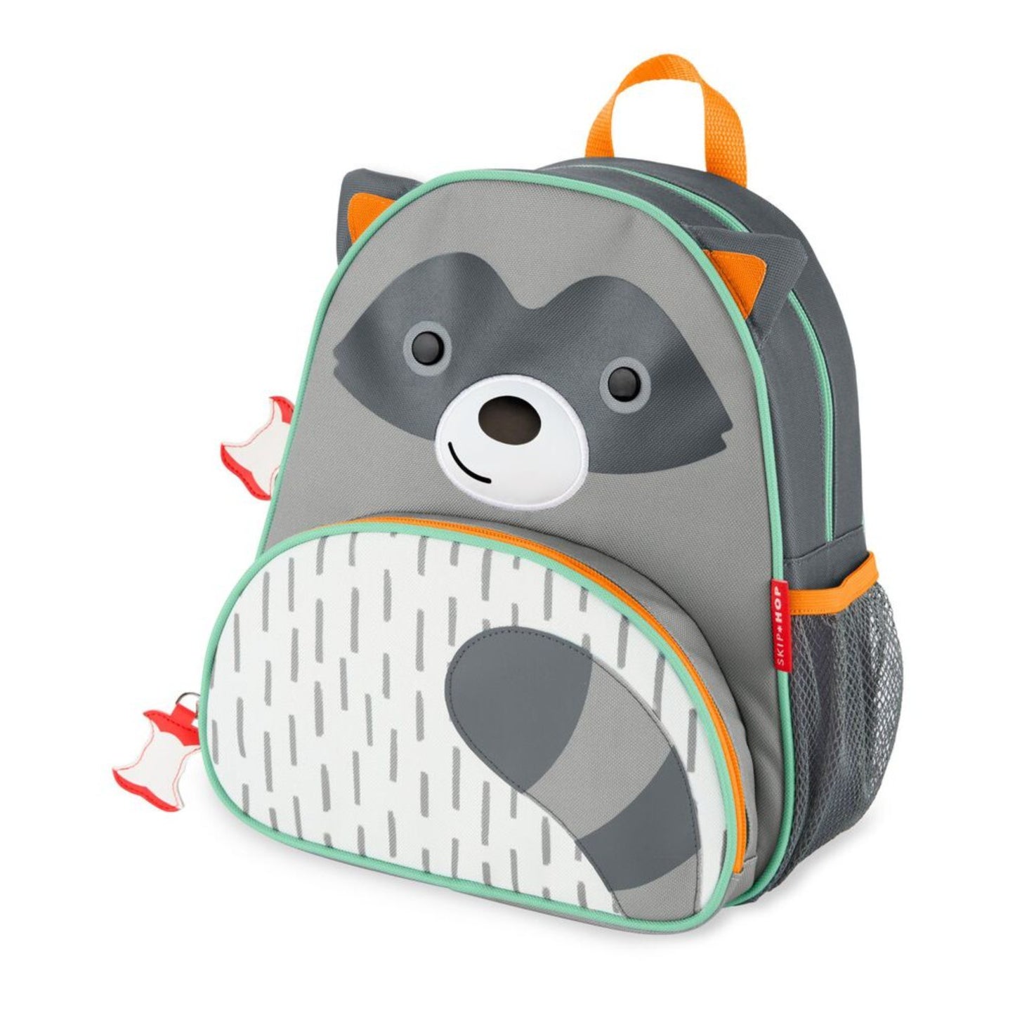 mochila infantil gris con dibujo de mapache, vista frontal, ideal para niños