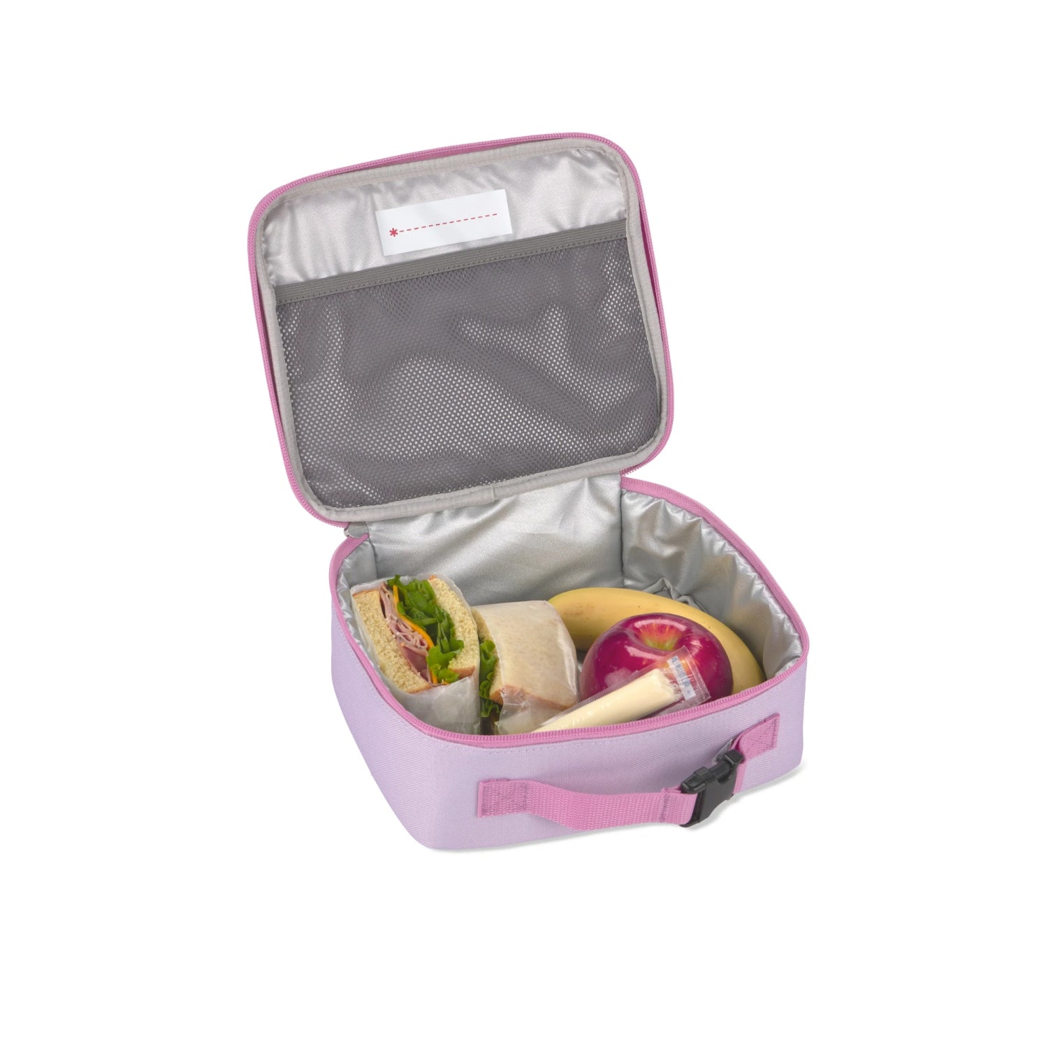 Lonchera rosa SKIP*HOP abierta con sándwiches y frutas