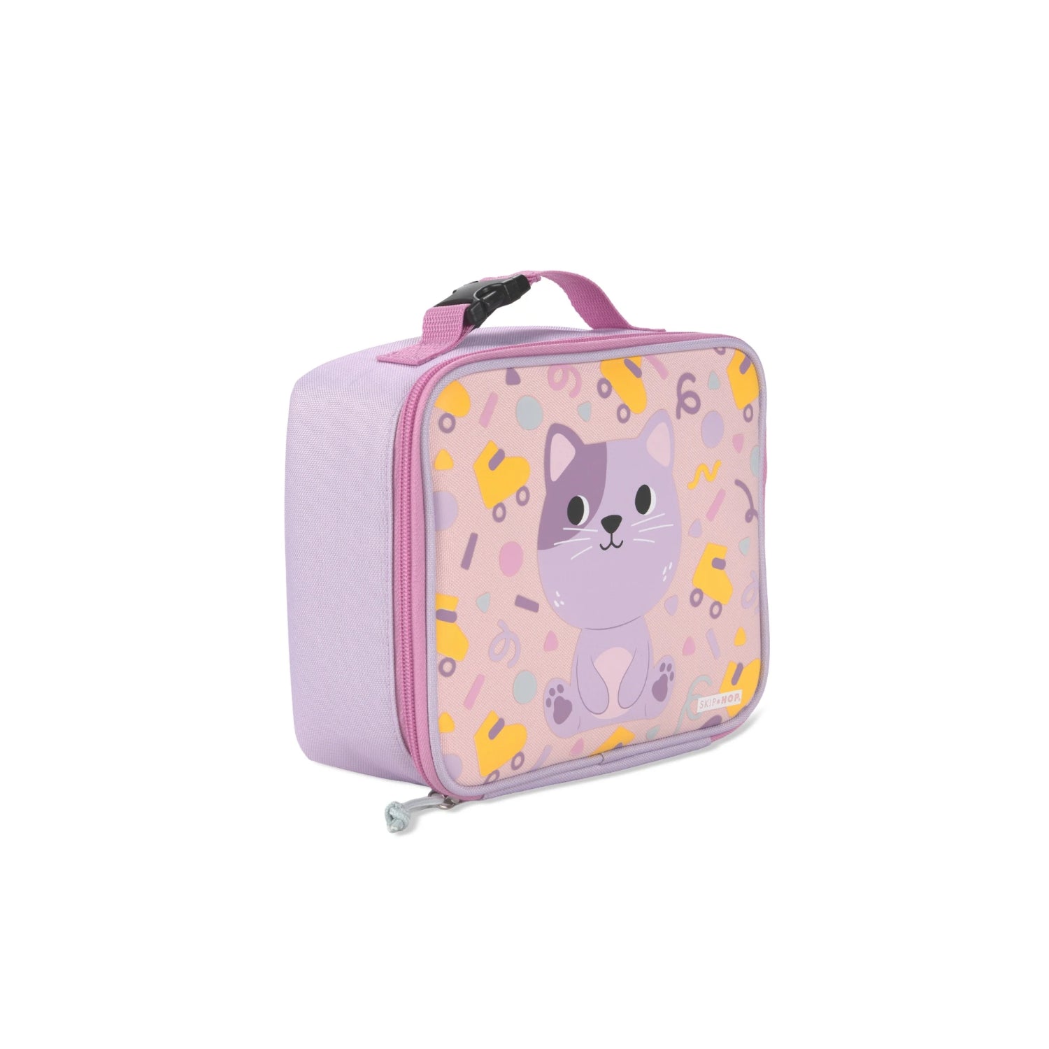 Lonchera SKIP*HOP morada con diseño de gato en la parte frontal