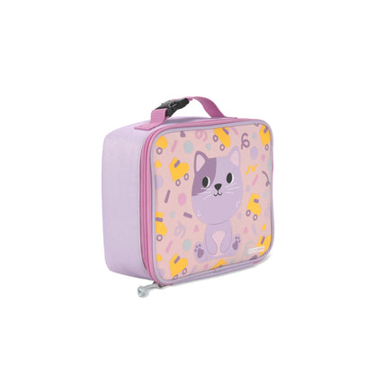 Lonchera SKIP*HOP morada con diseño de gato en la parte frontal