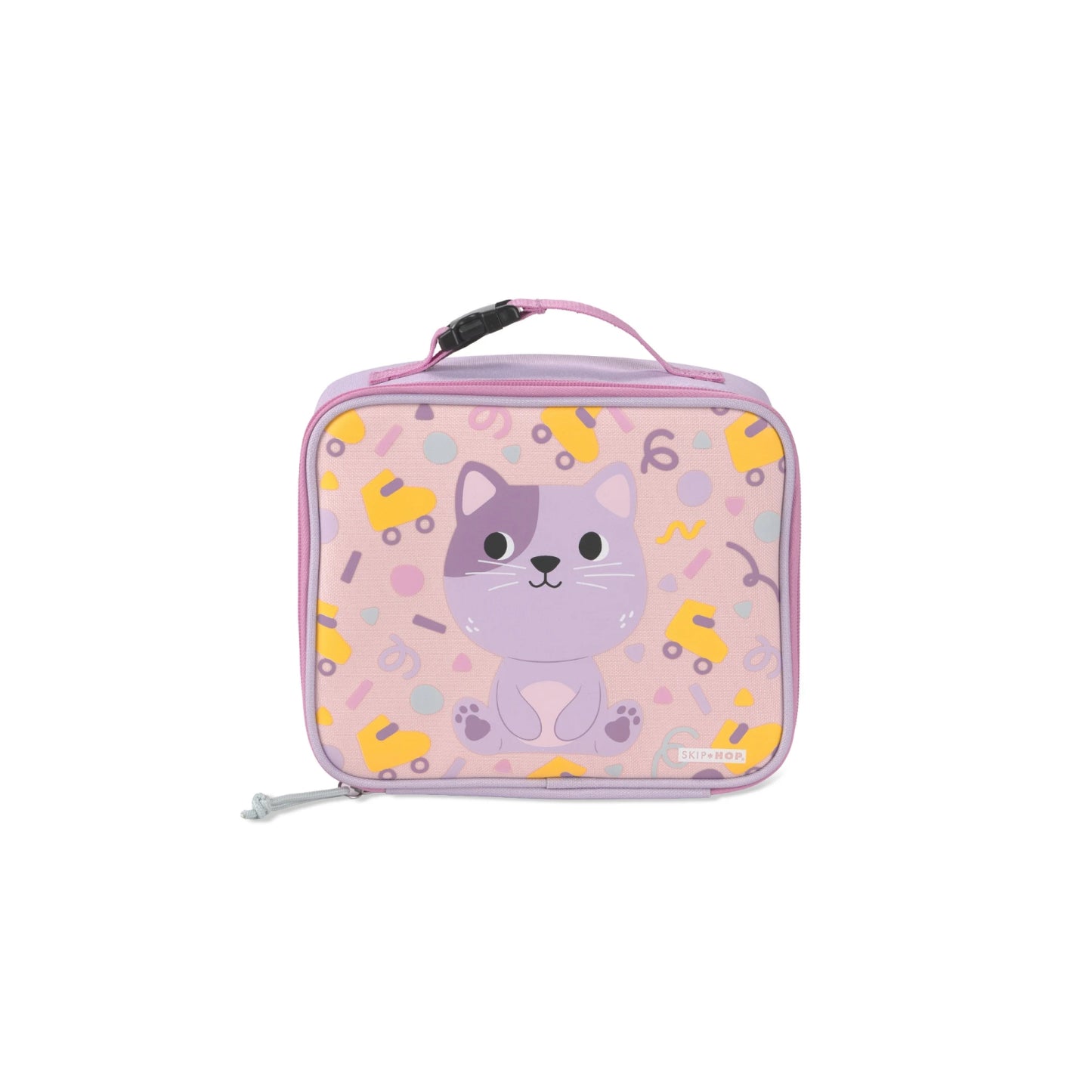 Lonchera rosa con diseño de gato naranja, vista frontal, ideal para niños