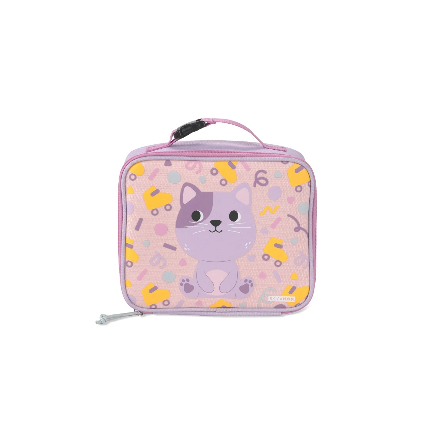 Lonchera rosa con diseño de gato naranja, vista frontal, ideal para niños