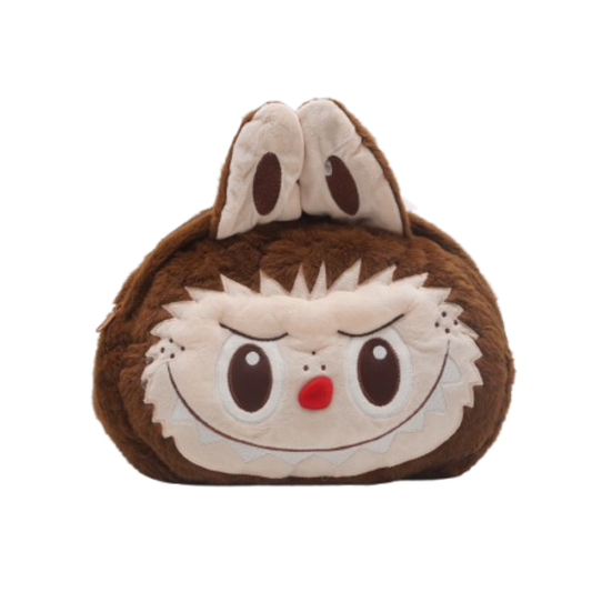 Mochila marrón con diseño de cara de conejo, vista frontal