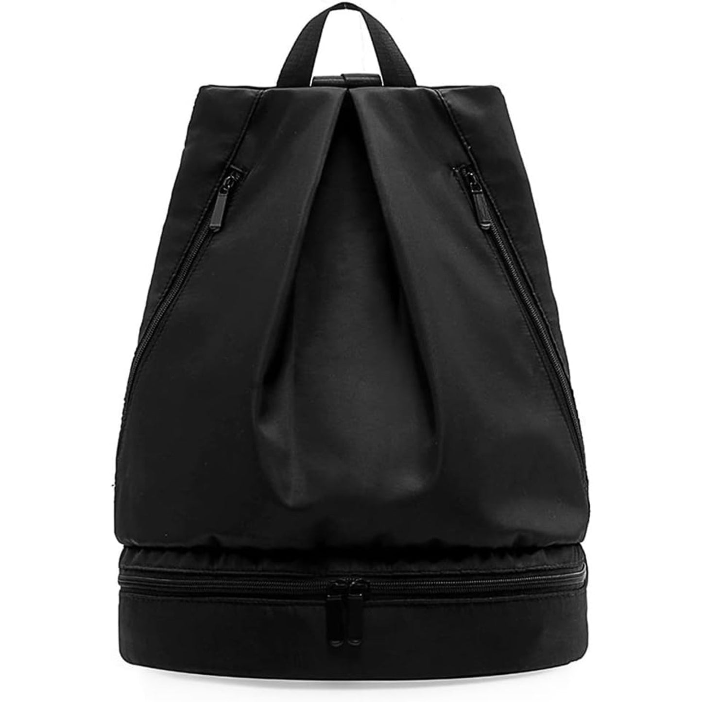 Mochila negra frontal con doble compartimento y diseño moderno
