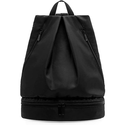 Mochila negra frontal con doble compartimento y diseño moderno