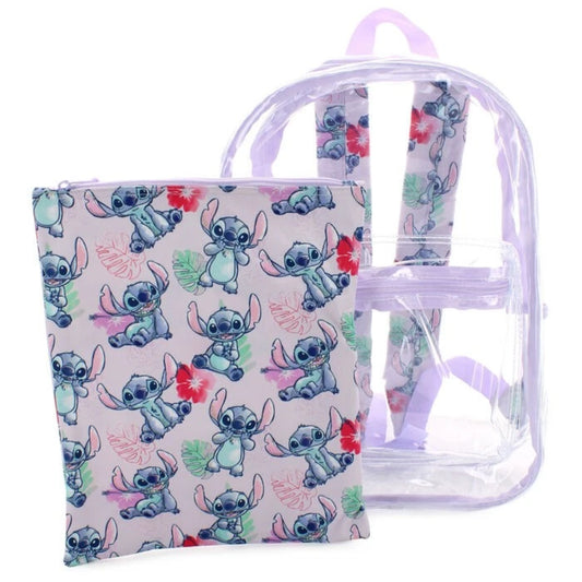 Mochila transparente con estampado de Stitch, vista frontal con funda incluida