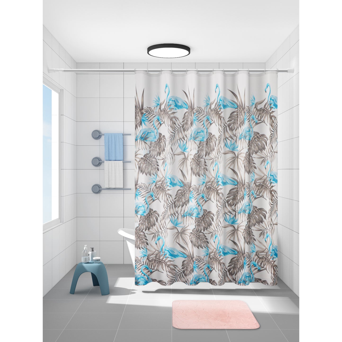 Set de Baño Modernhouse: Cortina 100% PEVA + Alfombra Rosa – 2 Pzs