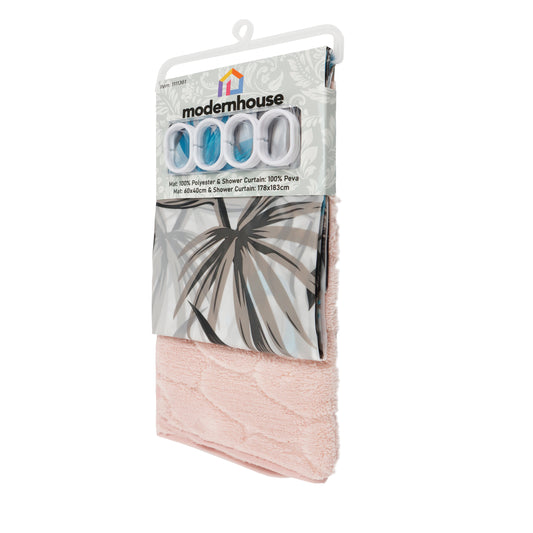 Set de Baño Modernhouse: Cortina 100% PEVA + Alfombra Rosa – 2 Pzs