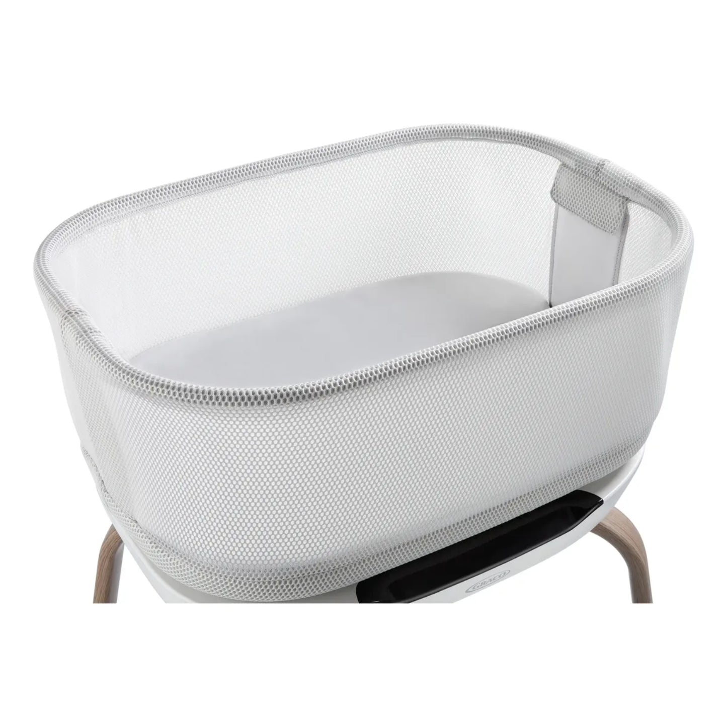 moisés blanco con malla, vista lateral, ideal para bebés