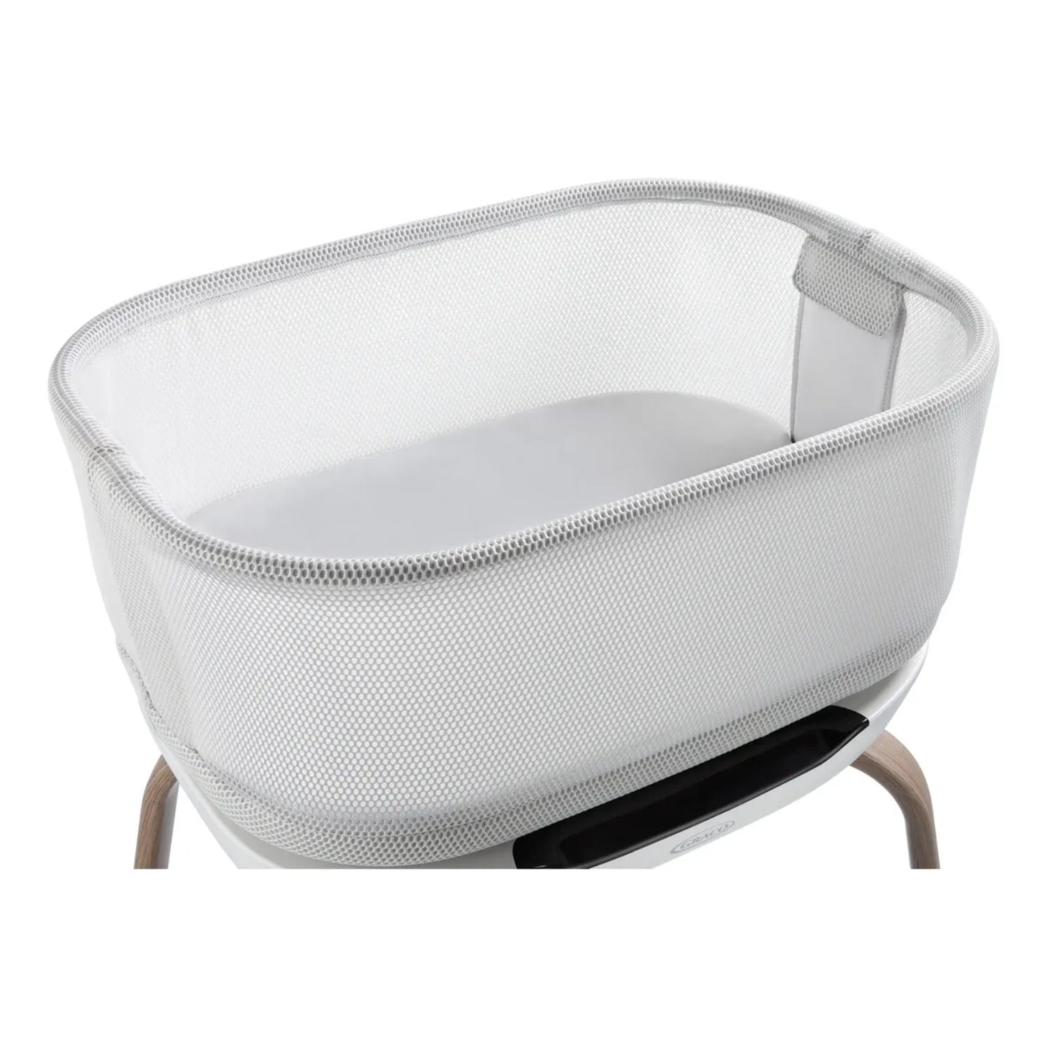moisés blanco con malla, vista lateral, ideal para bebés