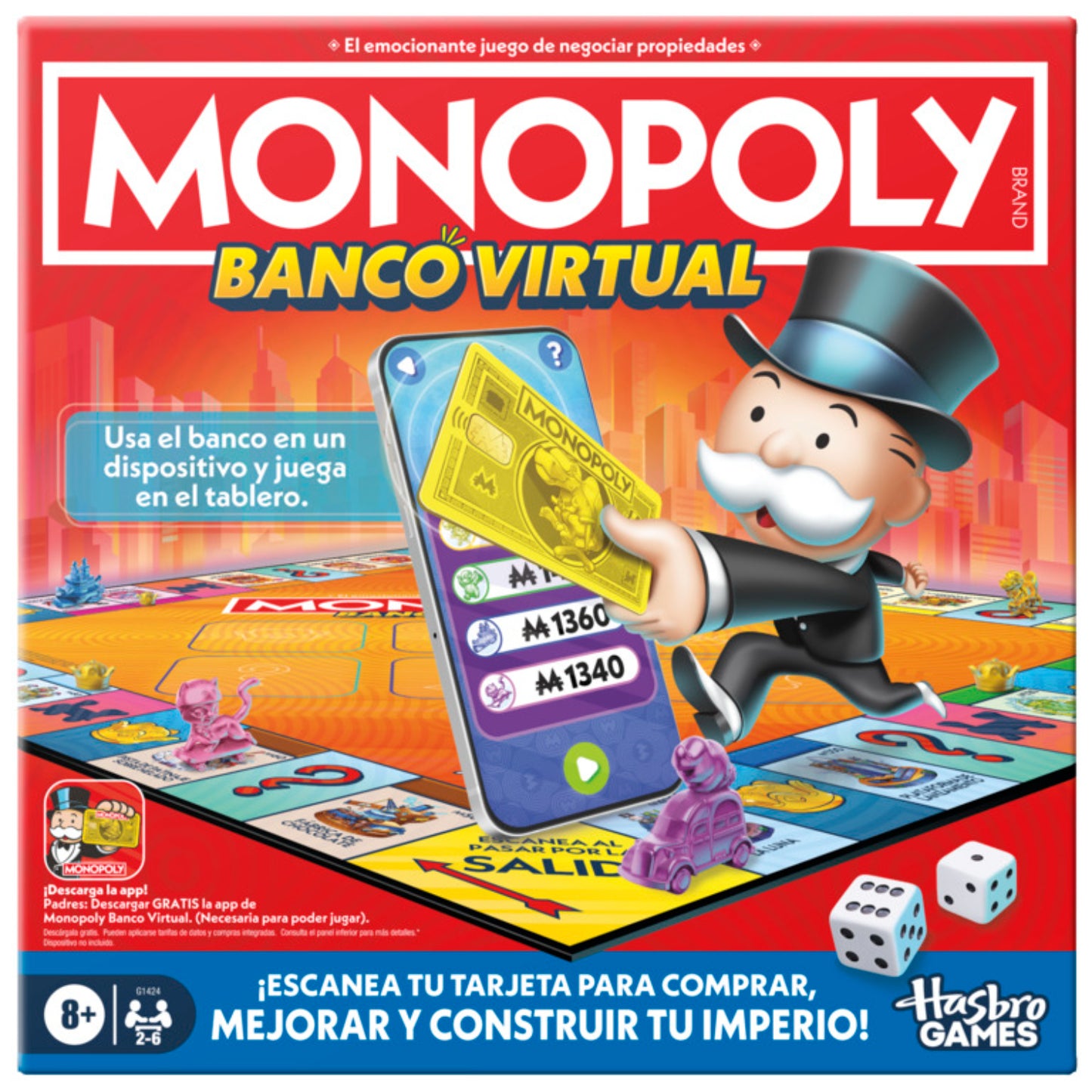 Juego Monopoly Banco Virtual de Hasbro, vista frontal de la caja con personajes y tablero.