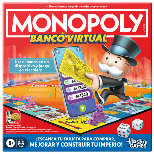 Juego Monopoly Banco Virtual de Hasbro, vista frontal de la caja con personajes y tablero.