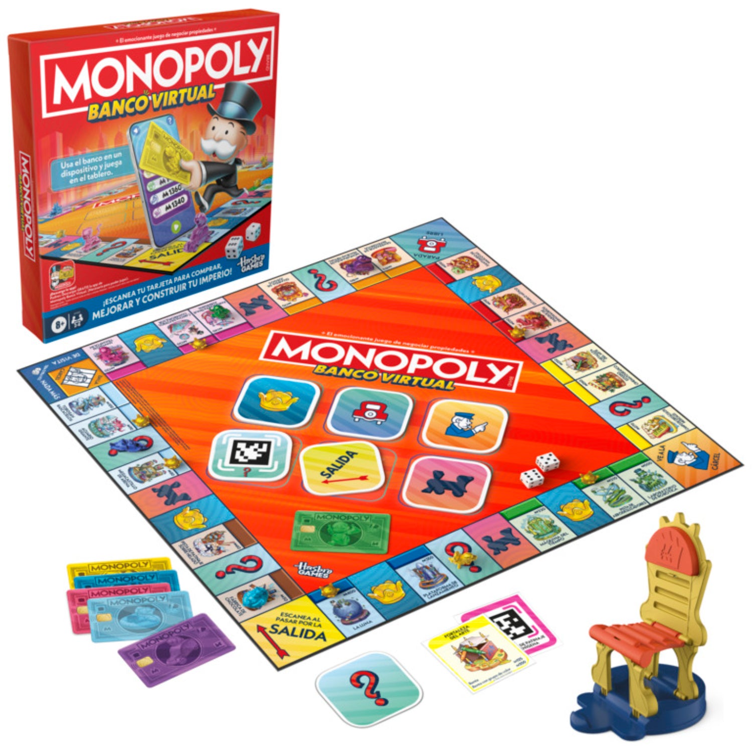 Juego de mesa Monopoly Banco Virtual, tablero colorido y tarjetas en la vista frontal