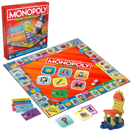 Juego de mesa Monopoly Banco Virtual, tablero colorido y tarjetas en la vista frontal