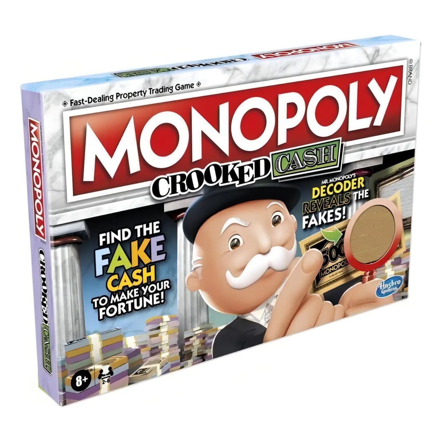 Juego de mesa Monopoly Crooked Cash, caja colorida, vista frontal, temática de casino monopoly