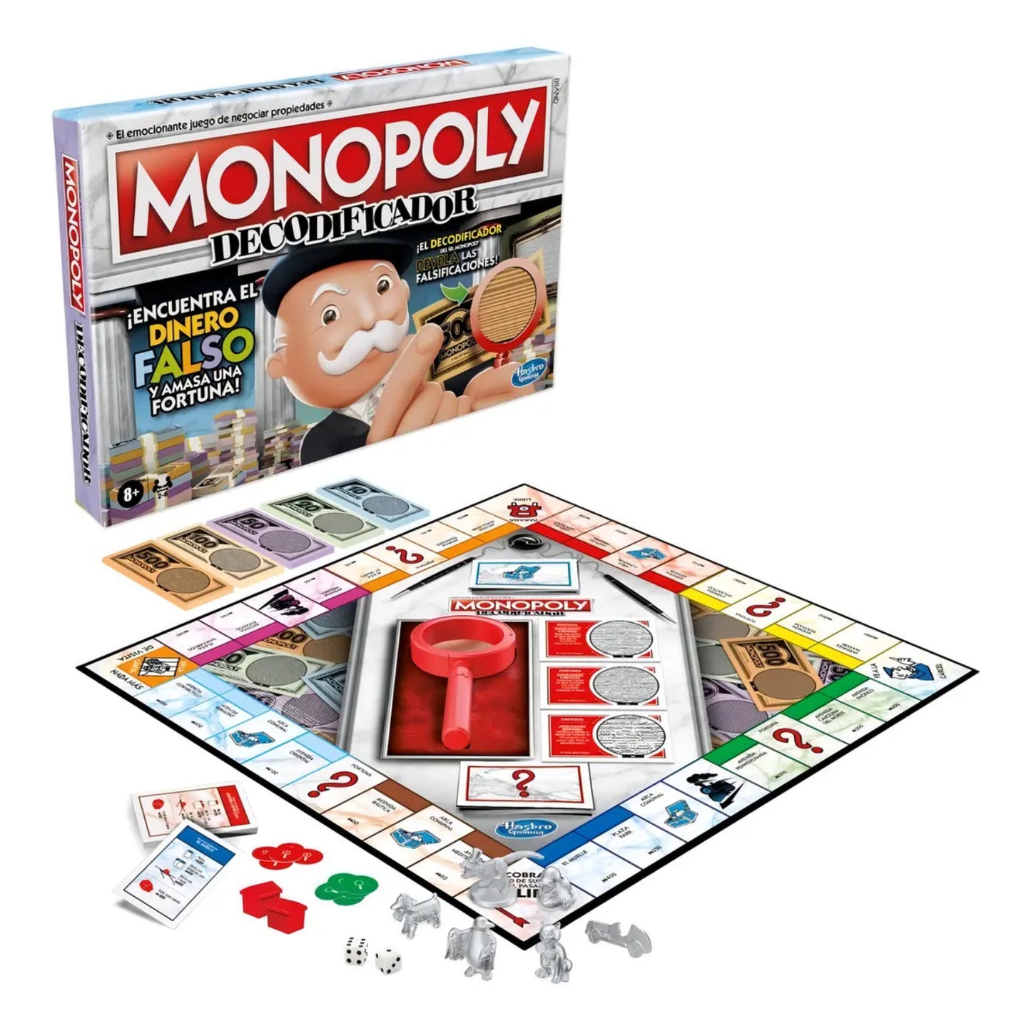 Juego de mesa Monopoly Decodificador, vista frontal con tablero y accesorios, ideal para casino monopoly