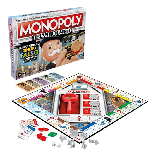 Juego de mesa Monopoly Decodificador, vista frontal con tablero y accesorios, ideal para casino monopoly