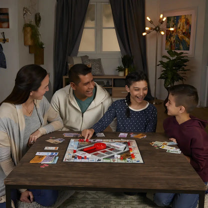 Juego de mesa Monopoly Casino, familia sonriente jugando en la sala de estar