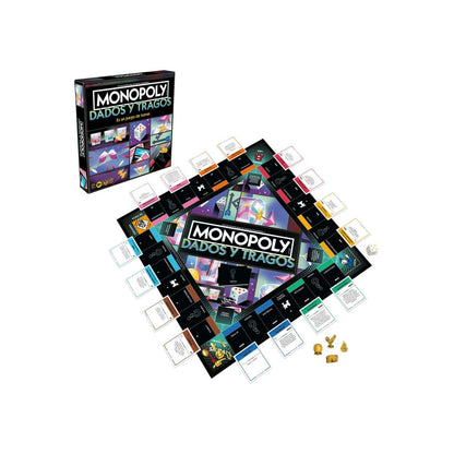 Juego de mesa Monopoly Dados y Tragos, vista superior del tablero y caja