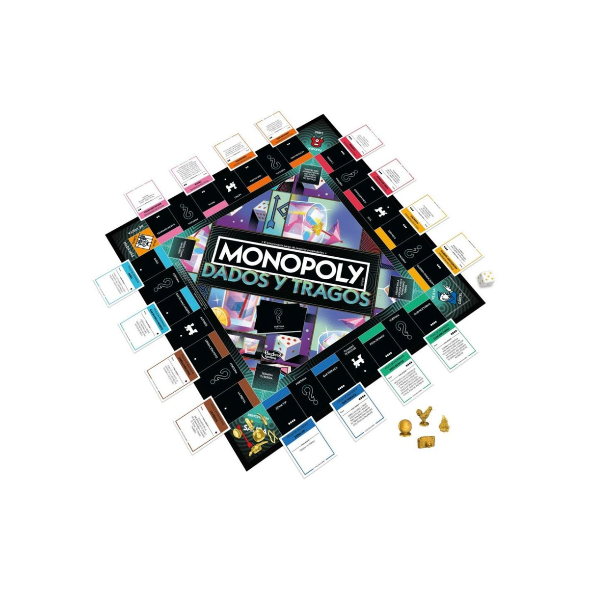 Juego de mesa Monopoly Dados y Tragos, vista completa del tablero y piezas