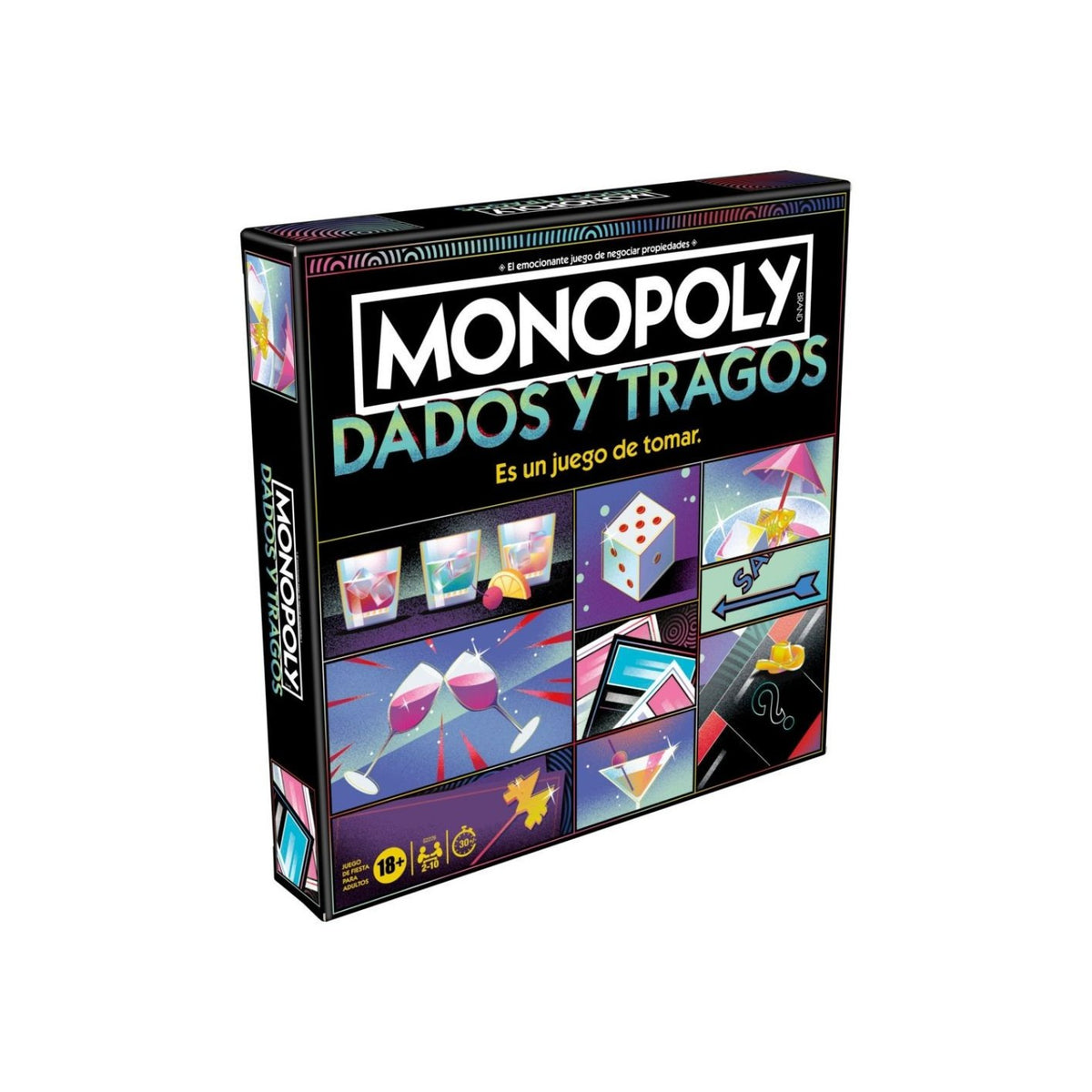 Juego de mesa Monopoly Dados y Tragos, caja vista frontal en color negro