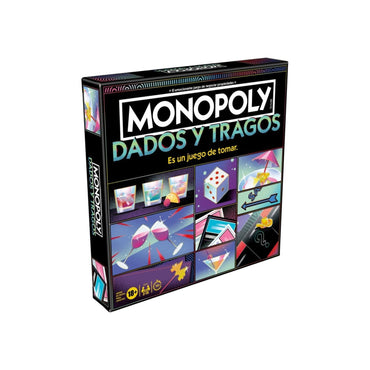 Juego de mesa Monopoly Dados y Tragos, caja con diseño colorido y temática festiva