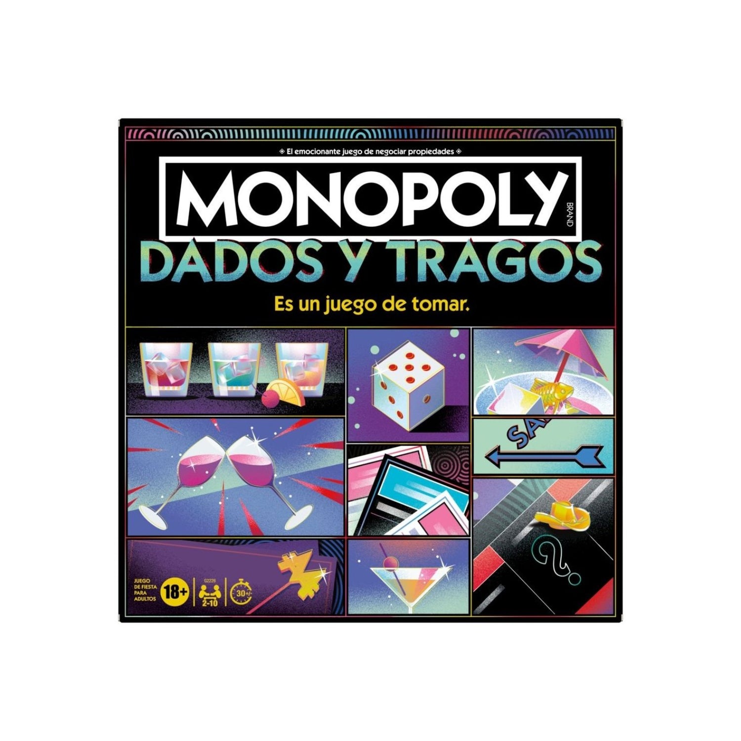 Juego de mesa Monopoly Dados y Tragos con vista frontal de la caja