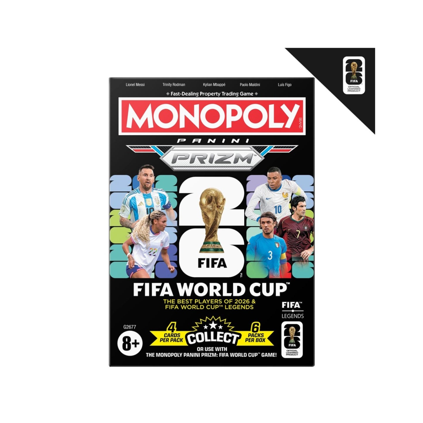 Juego de mesa Monopoly Prizm FIFA Mundial, frente con jugadores y trofeo