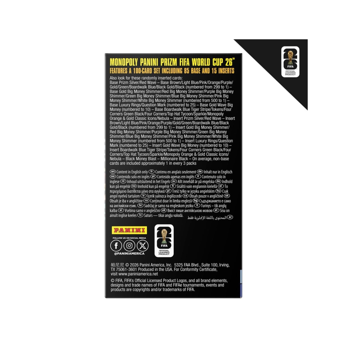 Caja de Monopoly Panini Prizm Copa Mundial 26 con detalles del contenido y reglas