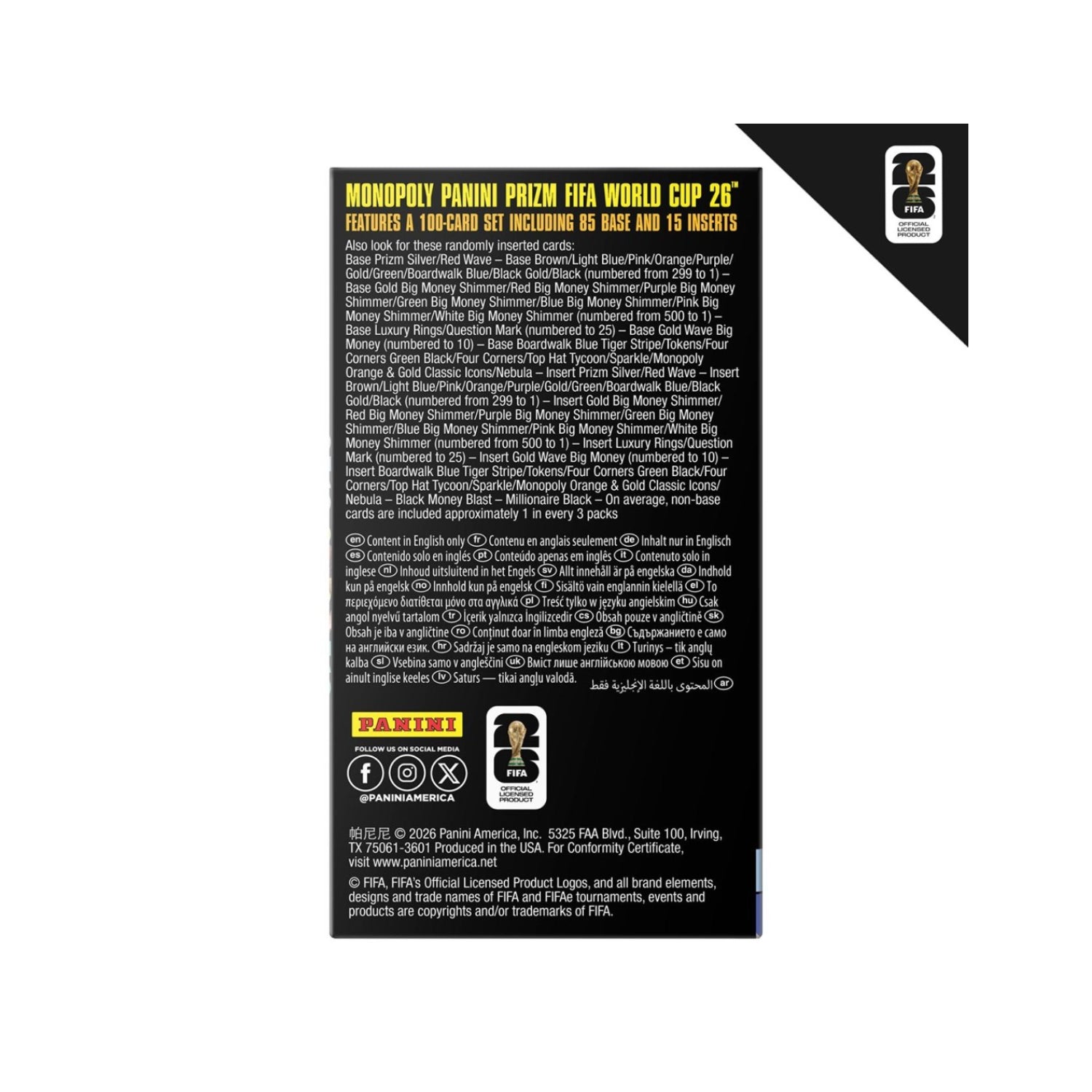 Caja de Monopoly Panini Prizm Copa Mundial 26 con detalles del contenido y reglas