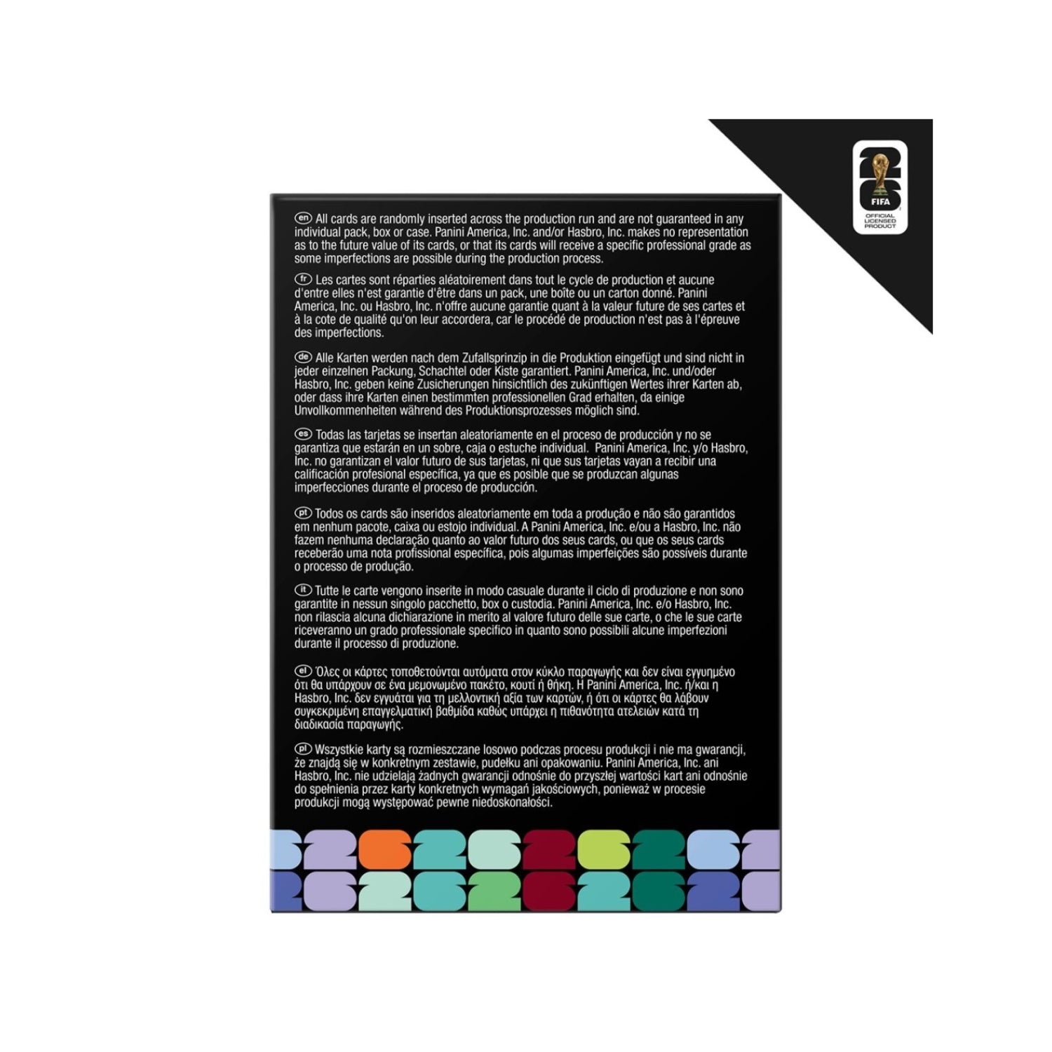 Tarjeta de instrucciones de producto Hasbro, fondo negro con texto y colores variados