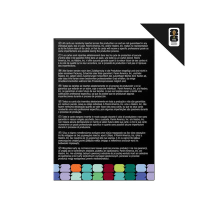 Tarjeta de instrucciones de producto Hasbro, fondo negro con texto y colores variados
