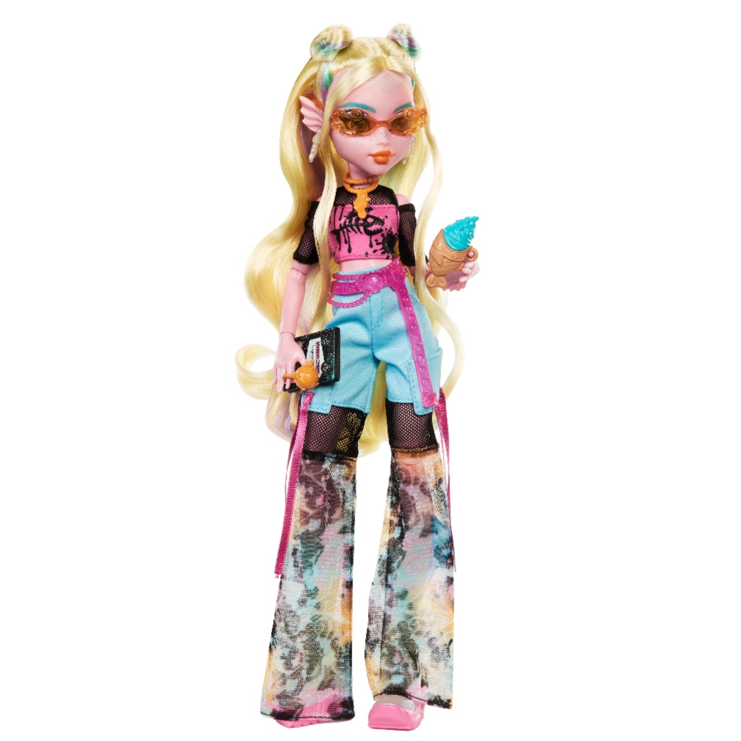 Muñeca Monster High de cabello rubio, con gafas y ropa colorida, sosteniendo un helado