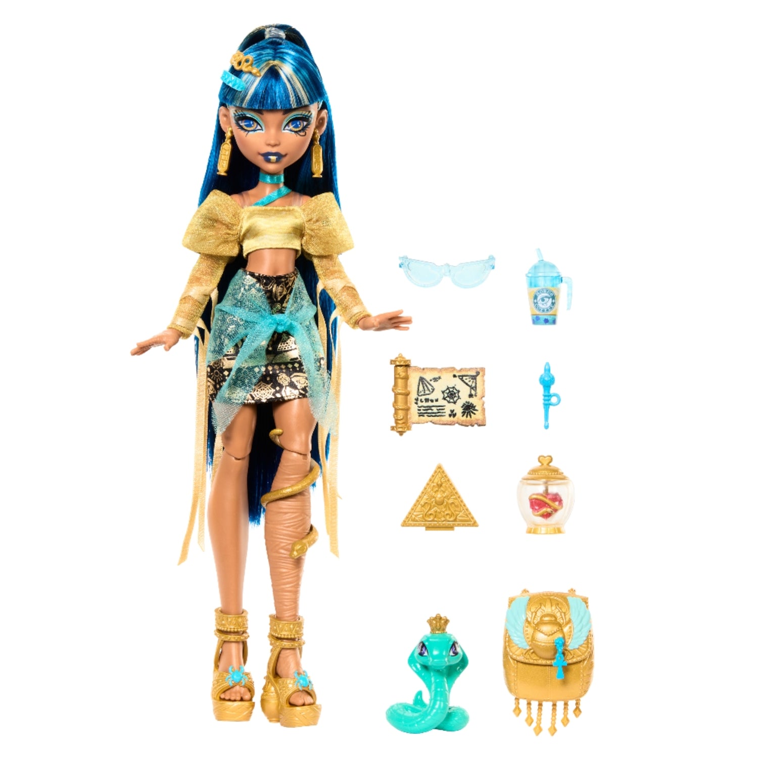Muñeca Monster High Clawdeen Wolf con accesorios dorados, vista frontal y detalles coloridos