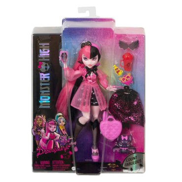 Muñeca Monster High Draculuna en caja con accesorios en tonos rosa y negro