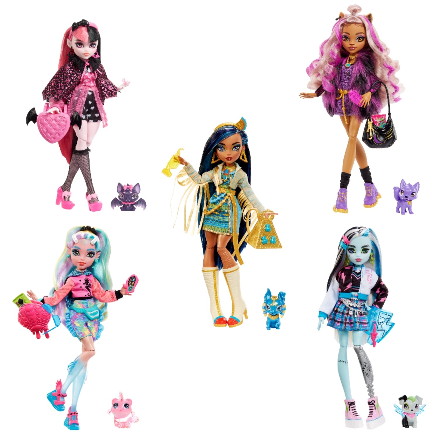 Muñeca Monster High en grupo, ropa colorida y accesorios únicos.