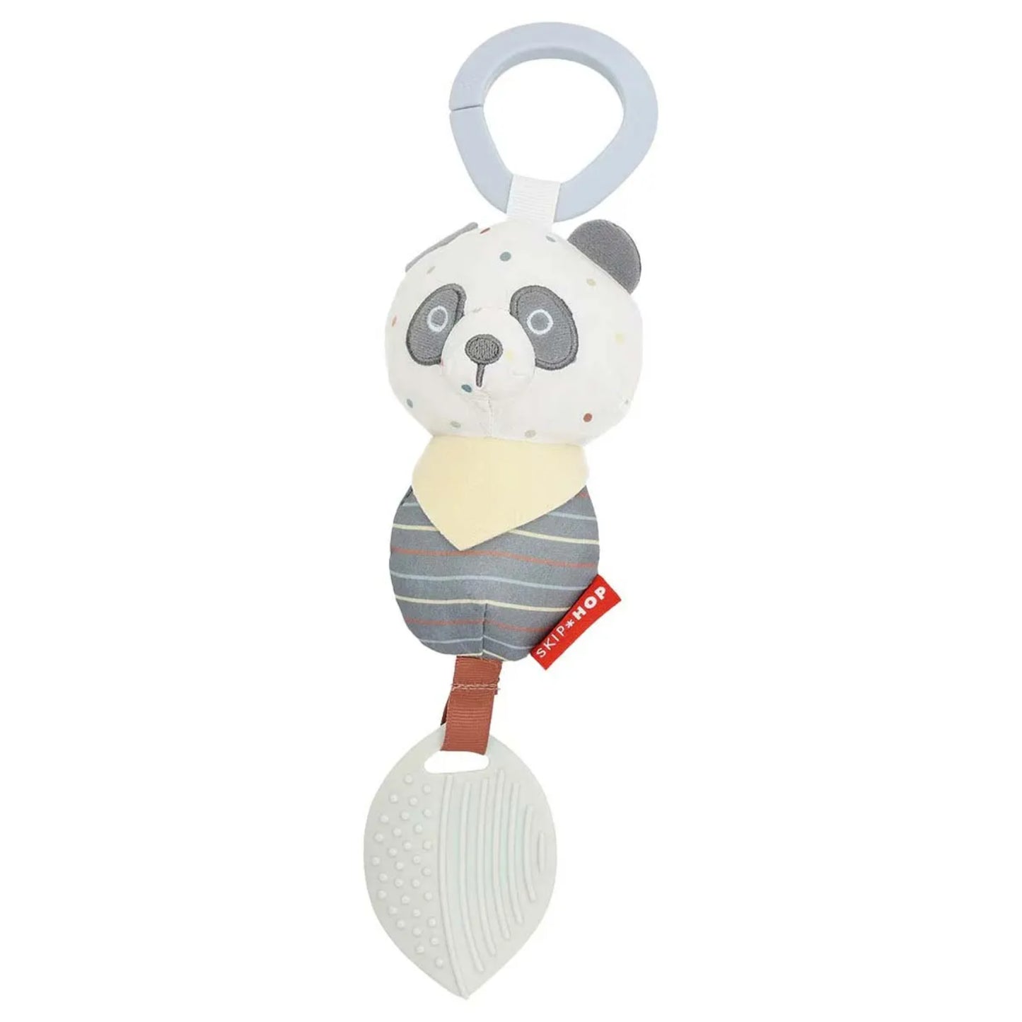 Mordedor panda suave, color blanco y gris, vista frontal, ideal para bebés.