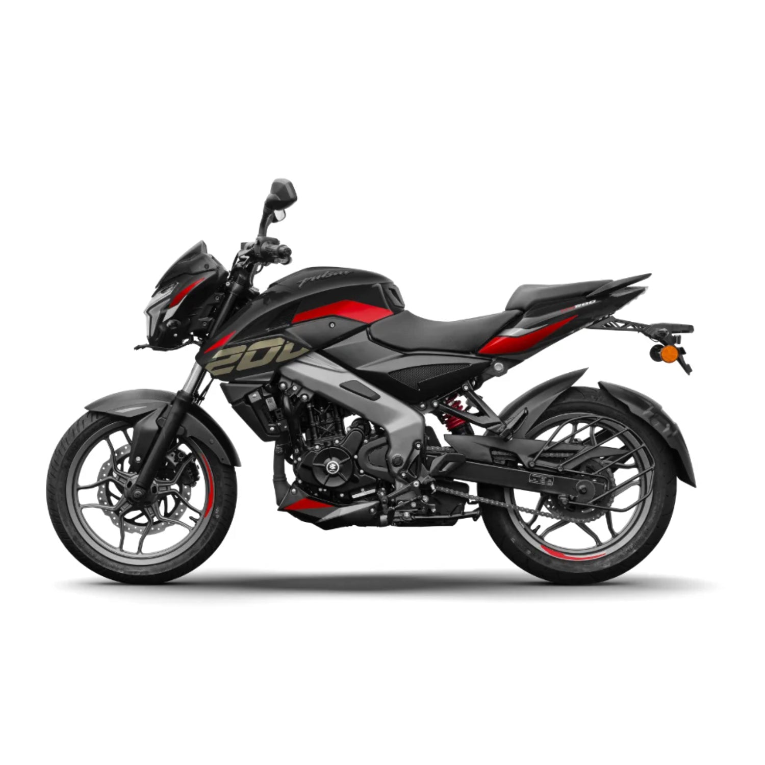 Moto Bajaj negra y roja de perfil, vista lateral en un fondo neutro
