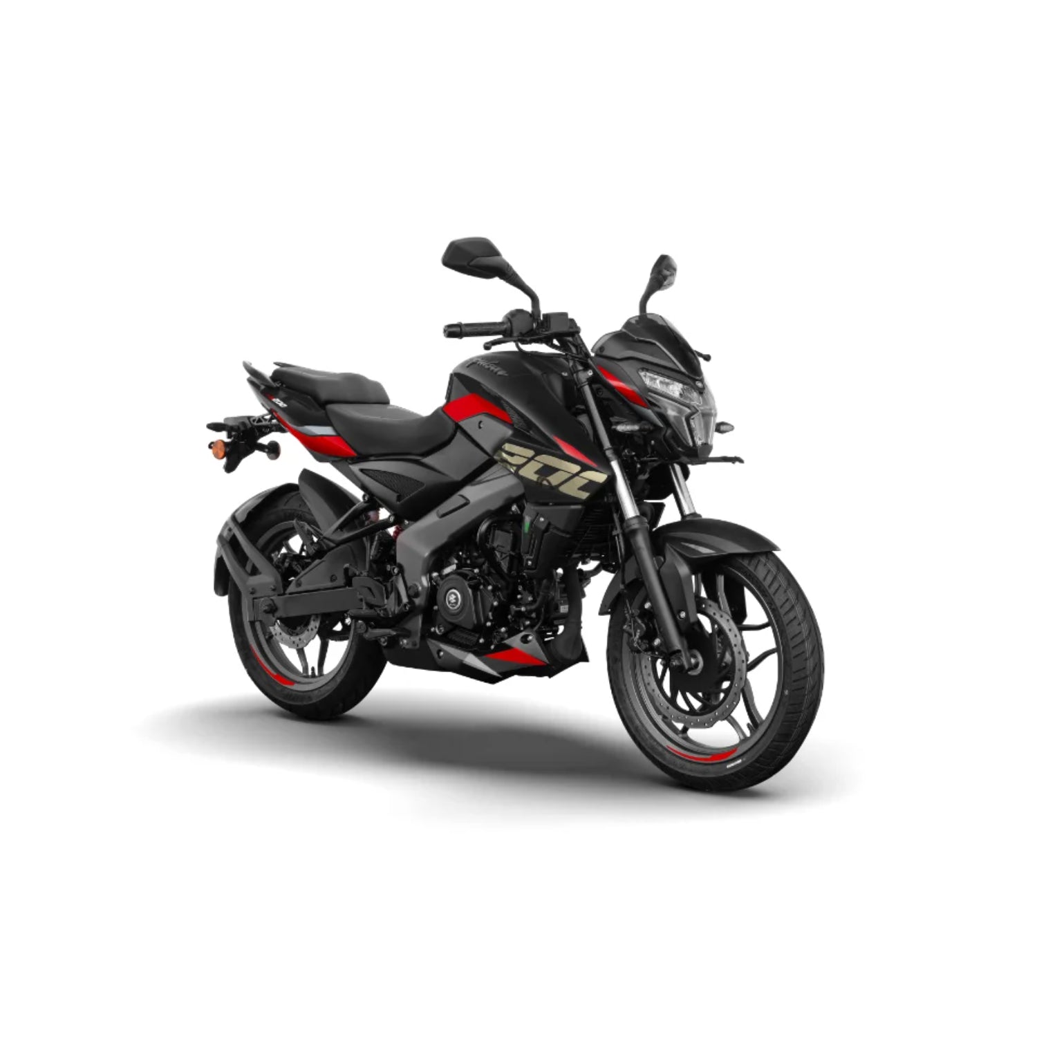 Moto BAJAJ negra con detalles rojos, vista lateral, ideal para ciudad