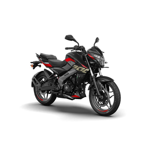 Moto BAJAJ negra con detalles rojos, vista lateral, ideal para ciudad