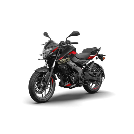 Moto negra BAJAJ frontal, vista de lado y contexto urbano