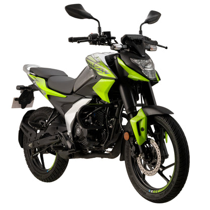 moto de 125cc verde y negro, vista frontal, estilo deportivo